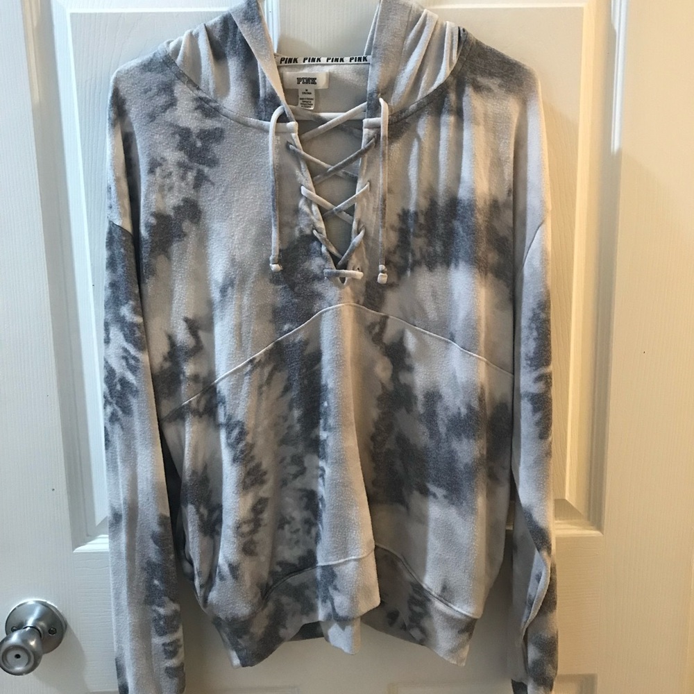 Victoria Secret PINK Gray & White Tie Dye Lace Up Hoodie - Women’s Size Medium